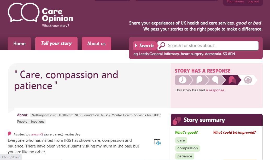 InvolveNottsHC's tweet photo. "There have been various teams visiting my mum in the past but you are like no other."
https://t.co/31KVcrbzY8
A lovely compliment on @careopinion from a carer about our IRIS service supporting older people.
#NottsPCX #feedback #carersweek https://t.co/hfcZFduyY8