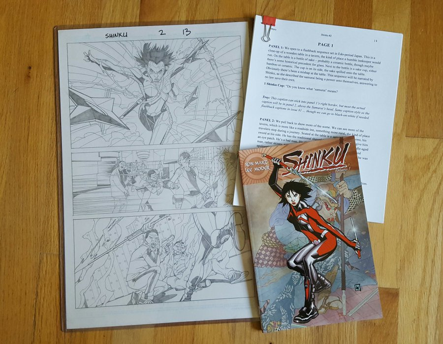 ronmarz's tweet photo. For #ComicWritersChallenge, please bid generously on this package: Shinku issue 2 page 13 original pencil art by Lee Moder; Shinku Volume 1 TPB; Shinku issue 2 original script; all signed. All proceeds to #BlackLivesMatter charities. Bid in this thread, starting at $100 bid. https://t.co/JBqsWGC2ss