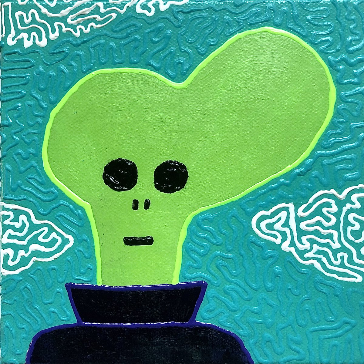 WillSquigDesign's tweet photo. Fluorescent Green &amp; Violet Alien On Turquoise Squiggle &amp; White Clouds.  Acrylic &amp; 3D Fabric paint on canvas, 6”x6”. An Alien series. Soon to be posted @
https://t.co/lpygd9k8ZN
https://t.co/JZtzOJDq4g #art #popart #abstract #interiordesign #nyc #etsy #acrylic #alien #aliens #pop https://t.co/RqhVUQNSs8