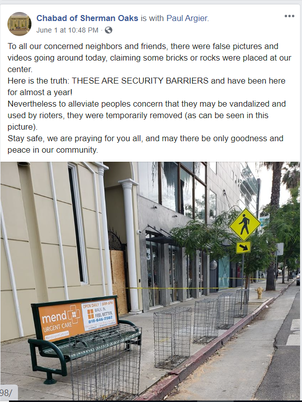 ddale8's tweet image. The White House posted a video it said shows that "Antifa and professional anarchists" are staging bricks...

...but one of the clips it included was of a synagogue's rock security barrier. The synagogue had already debunked this nonsense.

H/t @Yair_Rosenberg @GabeRamirez