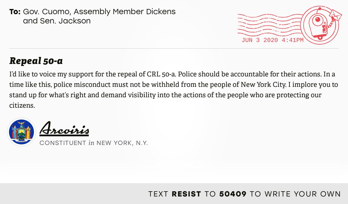 Open Letters (@openletterbot) on Twitter photo 📬 I delivered “Repeal 50-a” from Arcoiris, a constituent in New York, N.Y., to <a href="/NYGovCuomo/">Archive: Governor Andrew Cuomo</a>, Assembly Member Dickens and Senator Jackson #NYpolitics #NYpol
📝 Write your own: x.com/messages/compo… 📬 I delivered “Repeal 50-a” from Arcoiris, a constituent in New York, N.Y., to <a href="/NYGovCuomo/">Archive: Governor Andrew Cuomo</a>, Assembly Member Dickens and Senator Jackson #NYpolitics #NYpol
📝 Write your own: x.com/messages/compo…