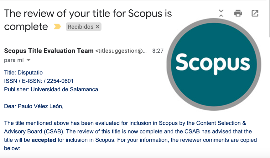 st_humanitatis's tweet image. Con gran placer queremos anunciarles que Disputatio ha sido aceptada en @Scopus y los contenidos de nuestra revista próximamente serán indexados en esta base de datos. Esta nueva indexación se traducirá en una mayor visibilidad para los artículos publicados por nuestros autores.