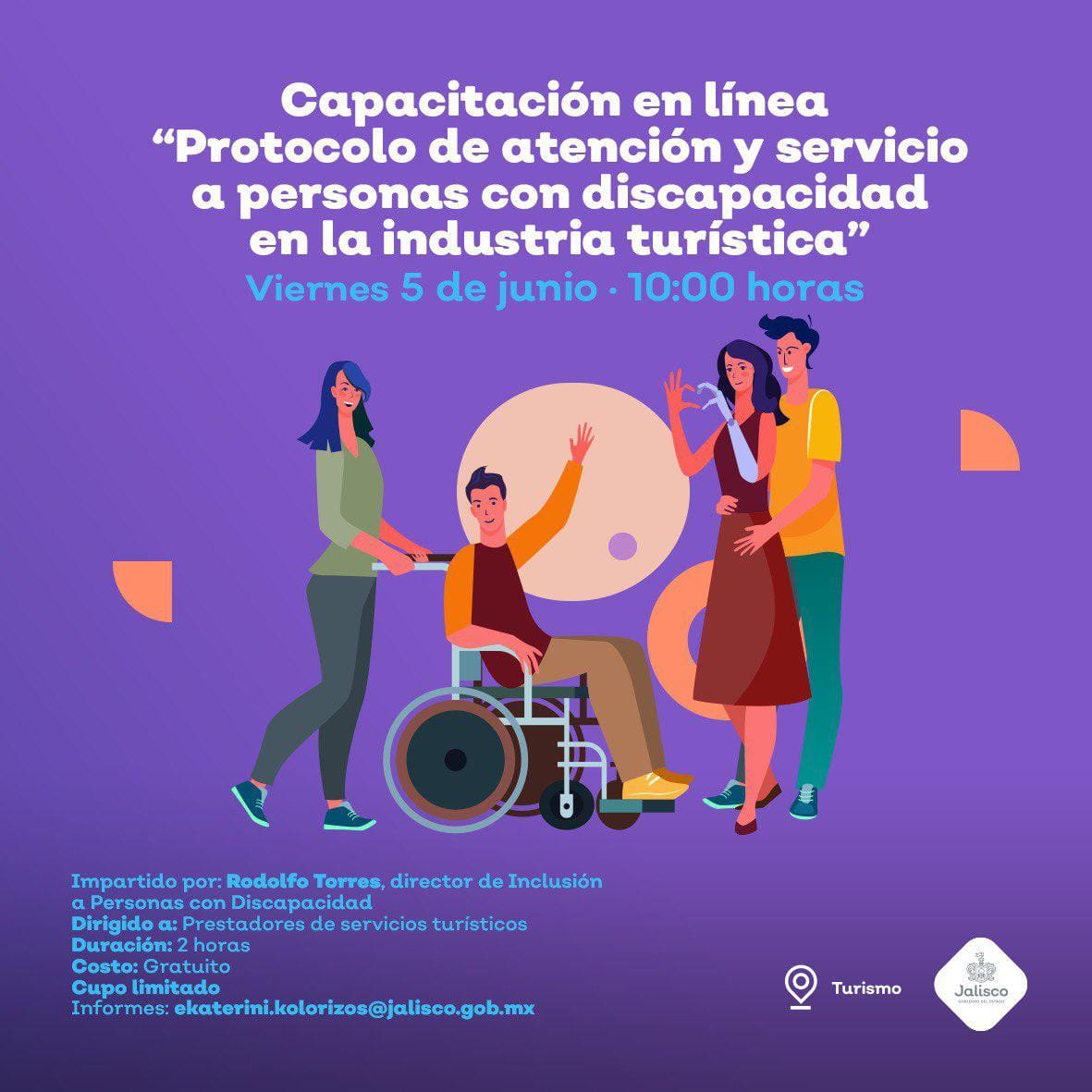 Sibleint's tweet photo. Asiste a la capacitación en línea sobre el protocolo de atención y servicio a Personas con Discapacidad en la industria turística. Impartido por el Maestro Rodolfo Torres y la @Secturjal. Mayores informes con: ekaterini.kolorizos@jalisco.gob.mx https://t.co/Dya6HWQT16