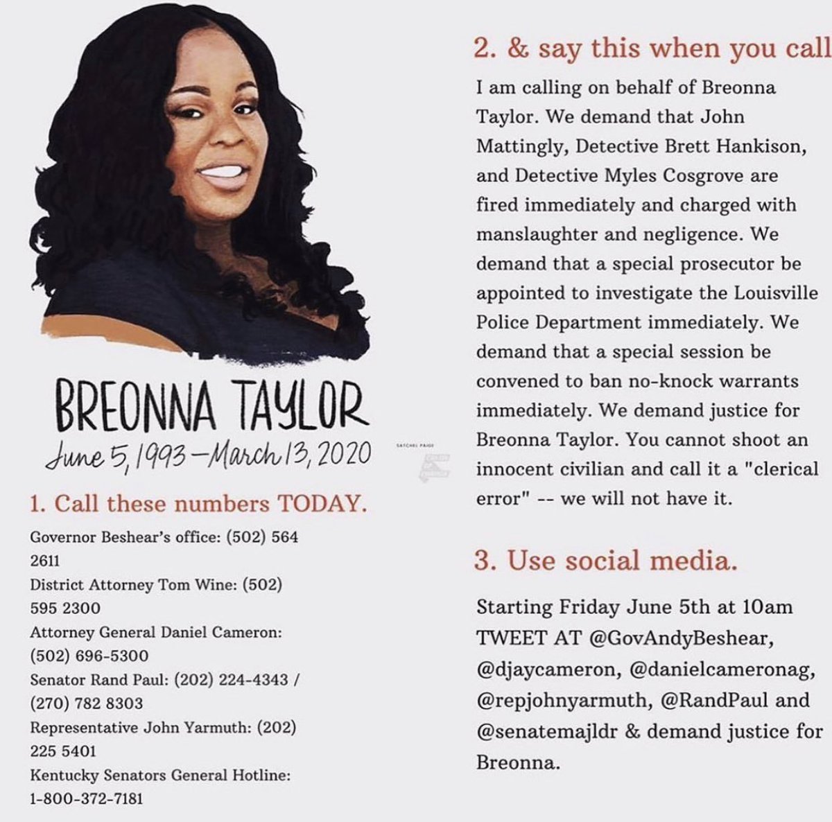 emanibronson's tweet image. Breonna deserves the same attention and progress in her case as Ahmuad and George. Please share and call ! If you’re too afraid to call, EMAIL.