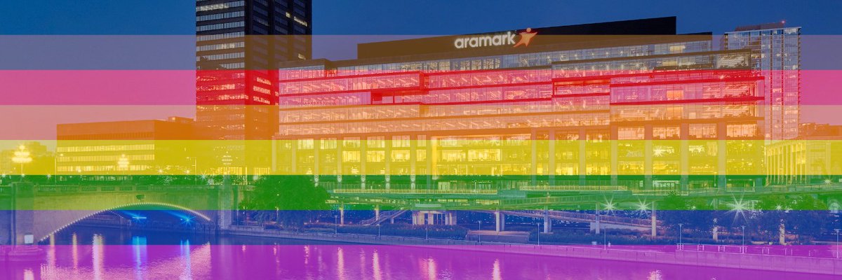 Aramark's tweet photo. In 2017, the City of Philadelphia added black and brown stripes to the Pride flag to represent LGBTQ+ people of color. We couldn’t think of a better symbol to use right now as we proudly celebrate Pride month. #morecolorsmorepride #PrideMonth2020 #AramarkPride https://t.co/g7dIvuI9rt