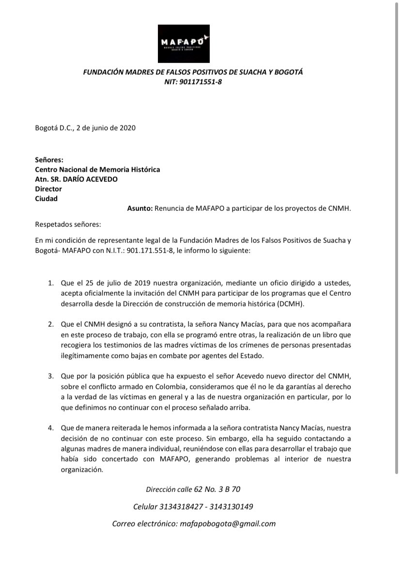 MAFAPOCOLOMBIA's tweet photo. Atención. Comunicamos que renunciamos oficialmente a participar en cualquier actividad del @CentroMemoriaH mientras el señor @darioacevedoc se encuentre al frente. Su presencia no es garantía de la memoria del país y pone en peligro nuestros procesos de reparación.
RT por favor. https://t.co/3WDabiqqa9