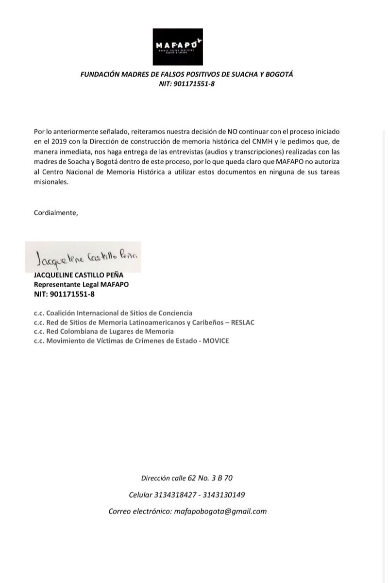 MAFAPOCOLOMBIA's tweet photo. Atención. Comunicamos que renunciamos oficialmente a participar en cualquier actividad del @CentroMemoriaH mientras el señor @darioacevedoc se encuentre al frente. Su presencia no es garantía de la memoria del país y pone en peligro nuestros procesos de reparación.
RT por favor. https://t.co/3WDabiqqa9