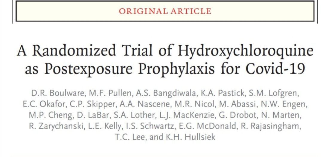 ABsteward's tweet photo. Breaking news 🔥🔥🔥
The most anticipated study
Finally Published  COVID-19 PEP RCT "821 asymptomatic participants " @NEJM @boulware_dr Hydroxychloroquine did NOT prevent #COVID19 infection when uded as postexposure prophylaxis within 4 days after exposure
https://t.co/d1WVEmPDDq https://t.co/p1tlphP1qR