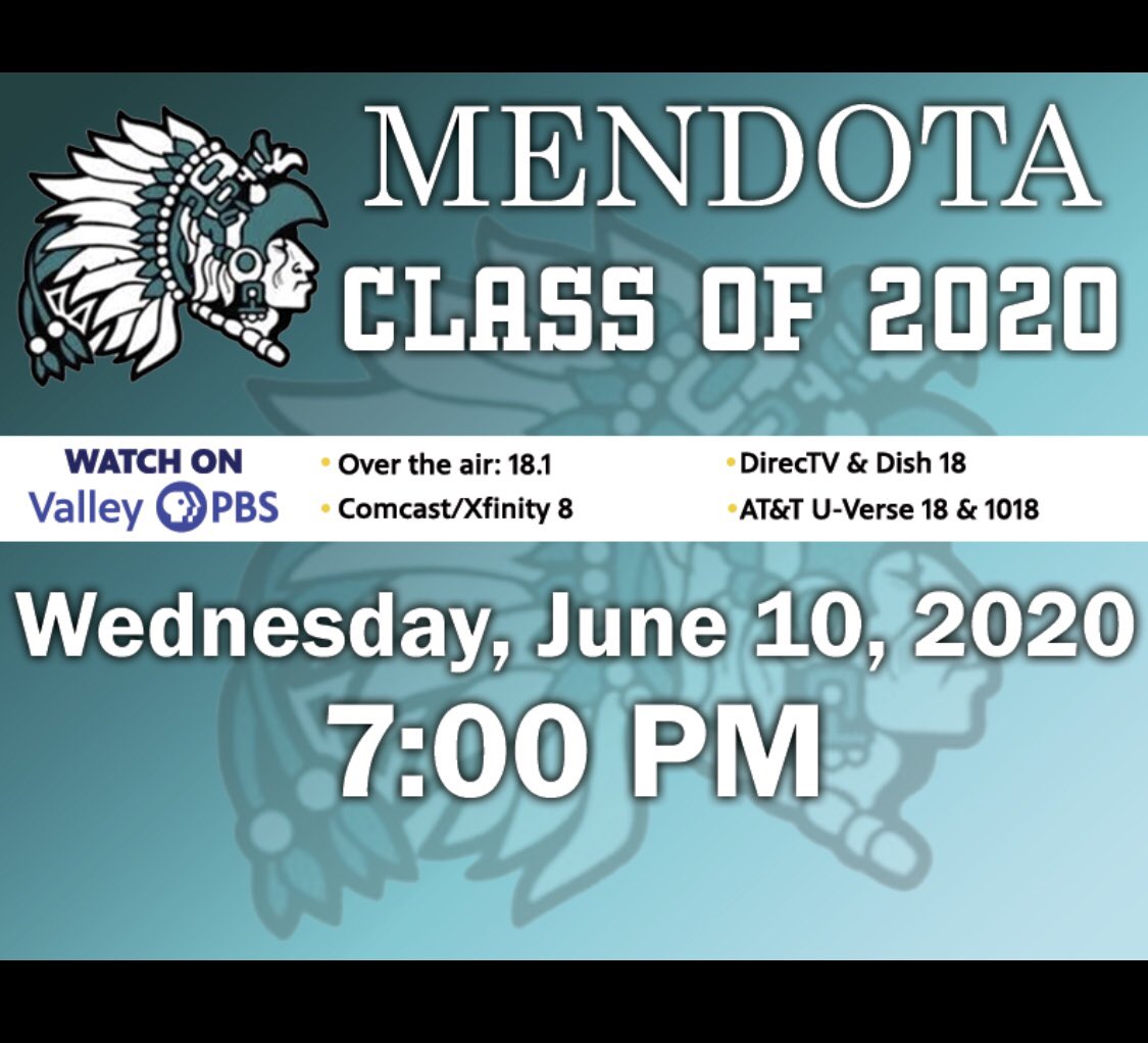 We are excited to communicate the airing of our Class of 2020 virtual graduation on Wednesday June 10th at 7 pm. Congratulations to the Class of 2020 and all the Mendota High School staff for their work in preparing the ceremony for our students.