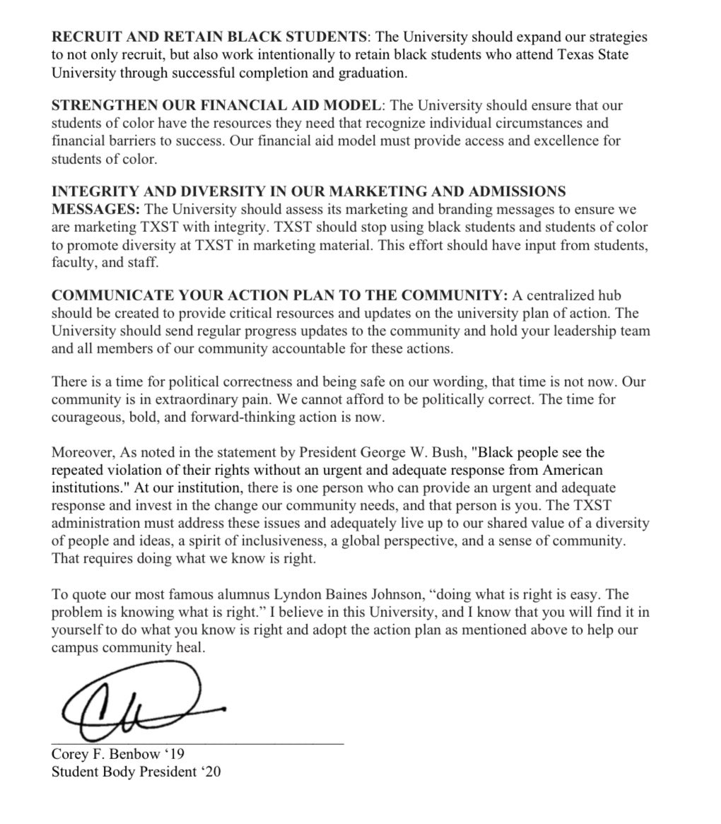 — Today, I sent the following letter to  <a href="/TXSTPresident/">TXST President’s Office</a> .#BlackLivesMatter and the presidents email in response to the murder of George Floyd was disappointing and insufficient. We stand together for justice, we are exhausted and tired of being drowned out. <a href="/txst/">Texas State University</a> the time is now.