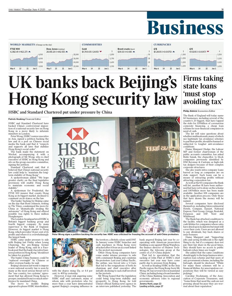 hendopolis's tweet photo. TIMES BUSINESS: UK banks back Beijing’s Hong Kong security law #TomorrowsPapersToday https://t.co/CrIXEQpNk8