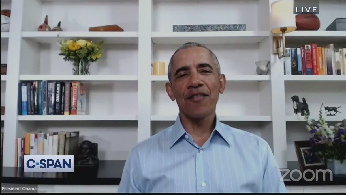 cspan's tweet photo. Former President @BarackObama participates in @mbk_alliance Town Hall on Racial Justice &amp; Police Reform along with @MsPackyetti, @EricHolder and others - LIVE on C-SPAN &amp; @cspanradio https://t.co/omU8y9qq4Y https://t.co/3lWfp4DQxo