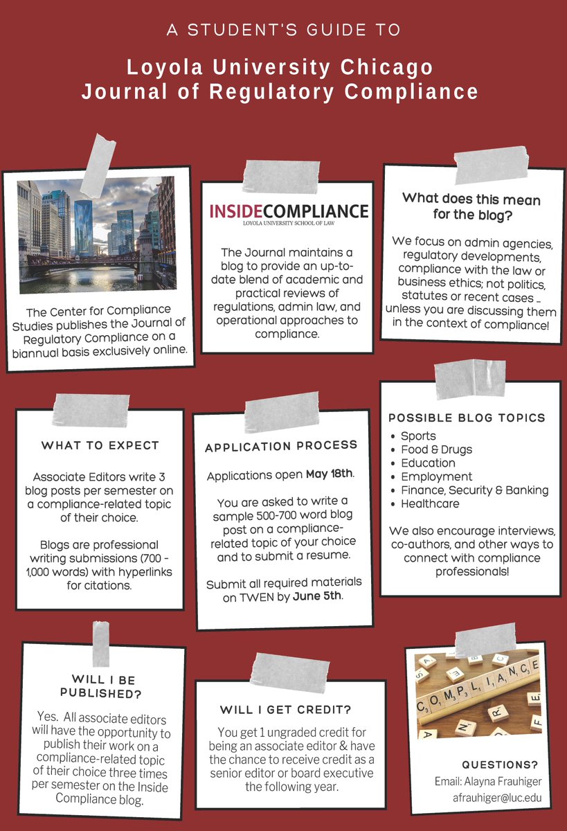 LUCCompliance's tweet photo. Friendly reminder to #LUCLaw students interested in applying to Loyola's Journal of Regulatory Compliance: applications are due this Friday, June 5th!
#LUCLaw #Compliance #LoyolaUniversityChicago #LoyolaChicagoLaw #LoyolaCompliance https://t.co/7VrPLTZfKP