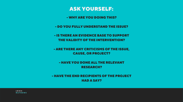 Before you attempt to do #good, ask yourself these questions. Whether you are an individual, corporate, or #PhilanthropicFoundation, creating a values-aligned #EthicalGiving framework is vital in ensuring your doing good, isn't doing harm. bit.ly/2M9hJDB

#Philanthropy