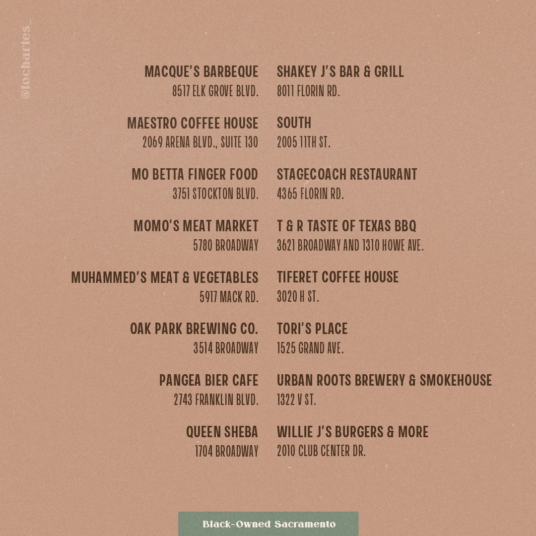 locharles's tweet photo. Here’s a list of black-owned restaurants in Sac that need your SUPPORT! This is just one way to support businesses in our community and who doesn’t love to eat?! 😬

I put together this list together from my own research so I apologize if I’m missing any https://t.co/sXjREXdZFM