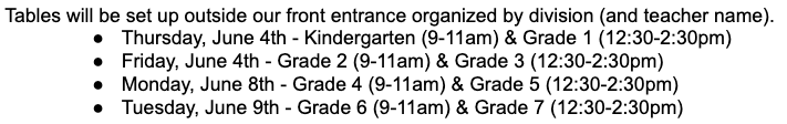 Just a reminder that students in Kindergarten and Grade 1 can come by Cambridge tomorrow and pick up their bagged supplies from a table. Also, please look around your home and return any library books.