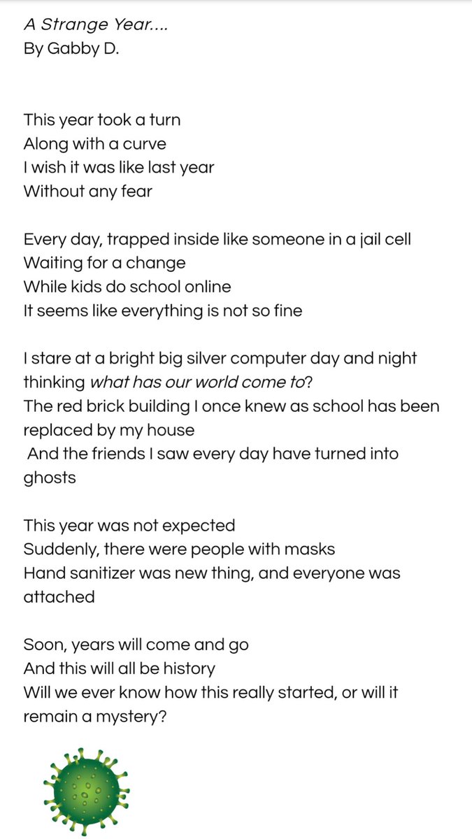Tirozzi5's tweet photo. My @SwiftMiddle students continue to write such impressive poetry.  
Gabby D’s title sets a somber but realistic tone for her five-stanza poem attached below: 
#micropoetry #distancelearning #FairfieldGSEAP https://t.co/dCAuooBtXm