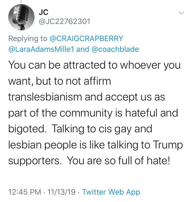 exclusive same-sex attraction (so homosexuality itself) is "transphobic;” that lesbians/gay men must accept str8 men as lesbians & str8 women are gay men, incl having sex w/ them, IOT respect their "gender identity;" that said str8 ppl belong in our spaces. This is absurd. 9/9