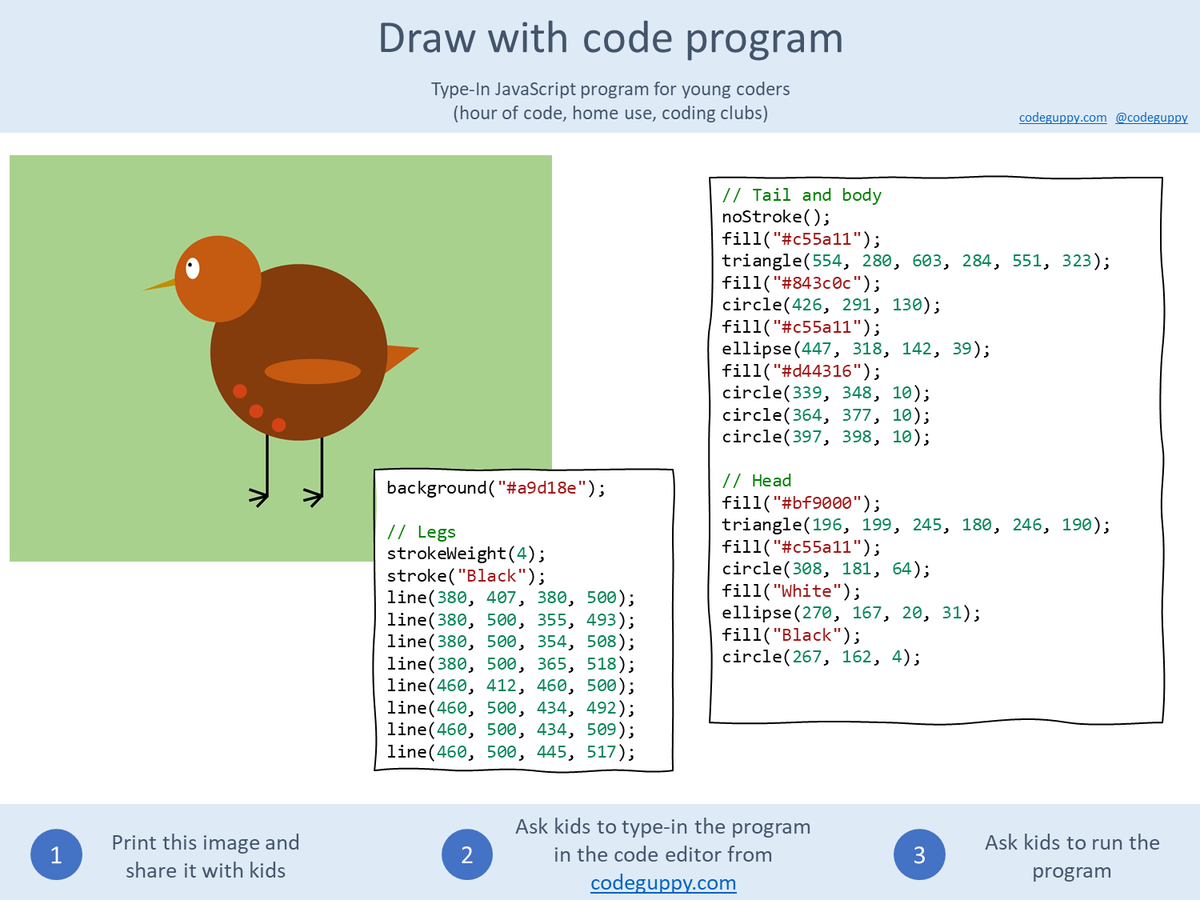 CodeGuppy's tweet image. Fun introduction to coding via FREE printable for Hour of Code👩🏿‍💻👨🏿‍💻

1️⃣ Print image and share it with young coders
2️⃣ Ask them to type-in the program
3️⃣ Remix and share

#javascript #drawingwithcode #hourofcode #100DaysOfCode #CodeNewbie #codingforkids #learntocode @CSforALL #stem
