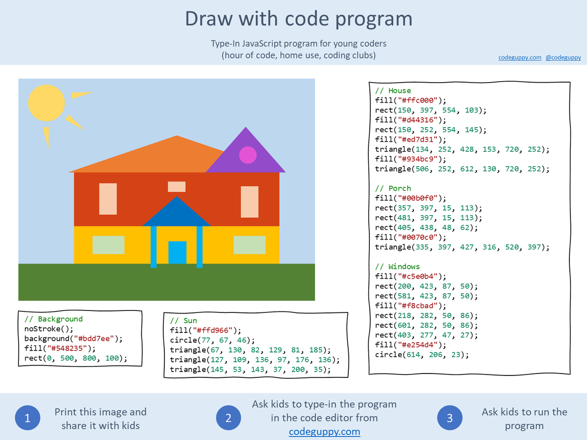 CodeGuppy's tweet image. Fun introduction to coding via FREE printable for Hour of Code👩🏿‍💻👨🏿‍💻

1️⃣ Print image and share it with young coders
2️⃣ Ask them to type-in the program
3️⃣ Remix and share

#javascript #drawingwithcode #hourofcode #100DaysOfCode #CodeNewbie #codingforkids #learntocode @CSforALL #stem