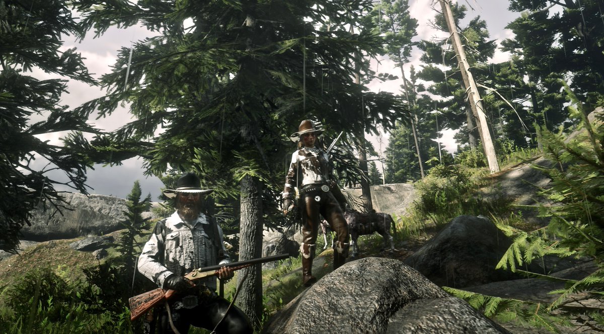 Candysseus's tweet photo. Just up here in our Limited Leavitt jackets &amp; Lister Hats  watching the drama flow away #WRCOutfitters #RedDeadFits #MissCandyLicious 🍭#Epimenides299 #SweetAsPhotos📸 #NoFilters #RedDeadScenes #RedDeadRedemption2 #RedDeadOnline https://t.co/dsuiQ1NX87