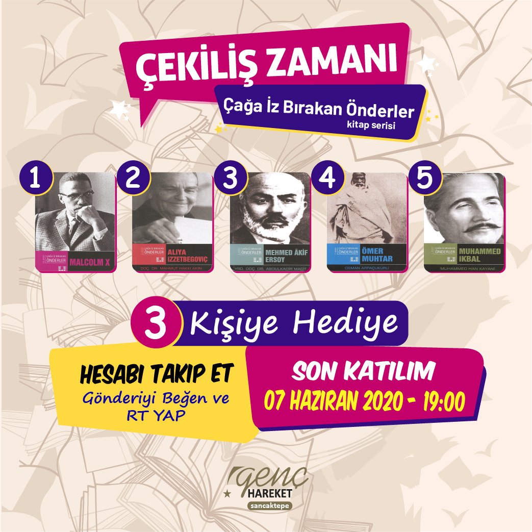 📖 "Çağa İz Bırakan Önderler"
Serisinden 5 kitap Hediye Ediyoruz!

📌 Kitapları kazanmak için,

1⃣Hesabımızı Takip Et!
2⃣Bu Tweeti RT Yap!
3️⃣Gönderiyi Beğen!

🎁Çekiliş sonucu 3 kişiye kitapları hediye edeceğiz.
⏰Son katılım tarihi : 7 Haziran 2020 Pazar Saat 19.00