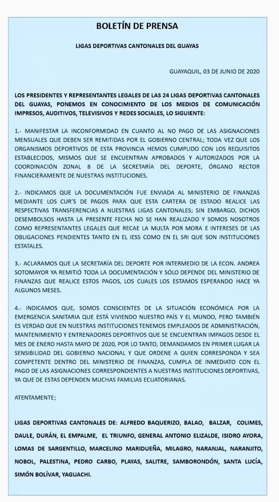 rafaelhenk's tweet photo. Pedimos al Gobierno Nacional  Sr Presidente @Lenin y a @FinanzasEc Las Asignaciones de Ligas DeportivaCantonales de #Guayas desde el mes de Enero hasta la fecha de hoy Los empleados y entrenadores No tienen para su alimentación y salud #EmergenciaSanitaria @teleamazonasec https://t.co/lhUW6LXf3E