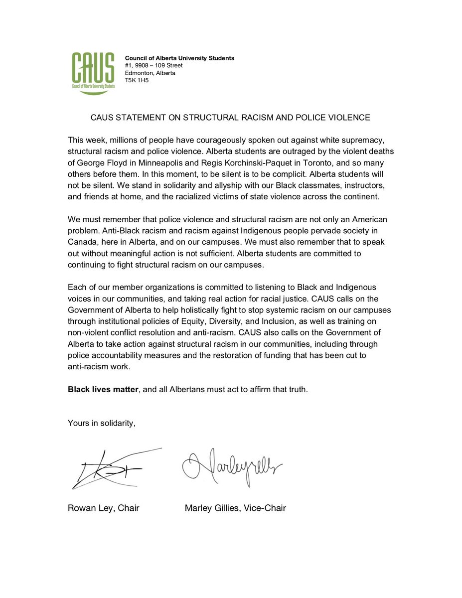 Alberta university students condemn structural anti-Black racism and expect change in policing. Justice demands nothing less. Our statement:
#abpse #ableg