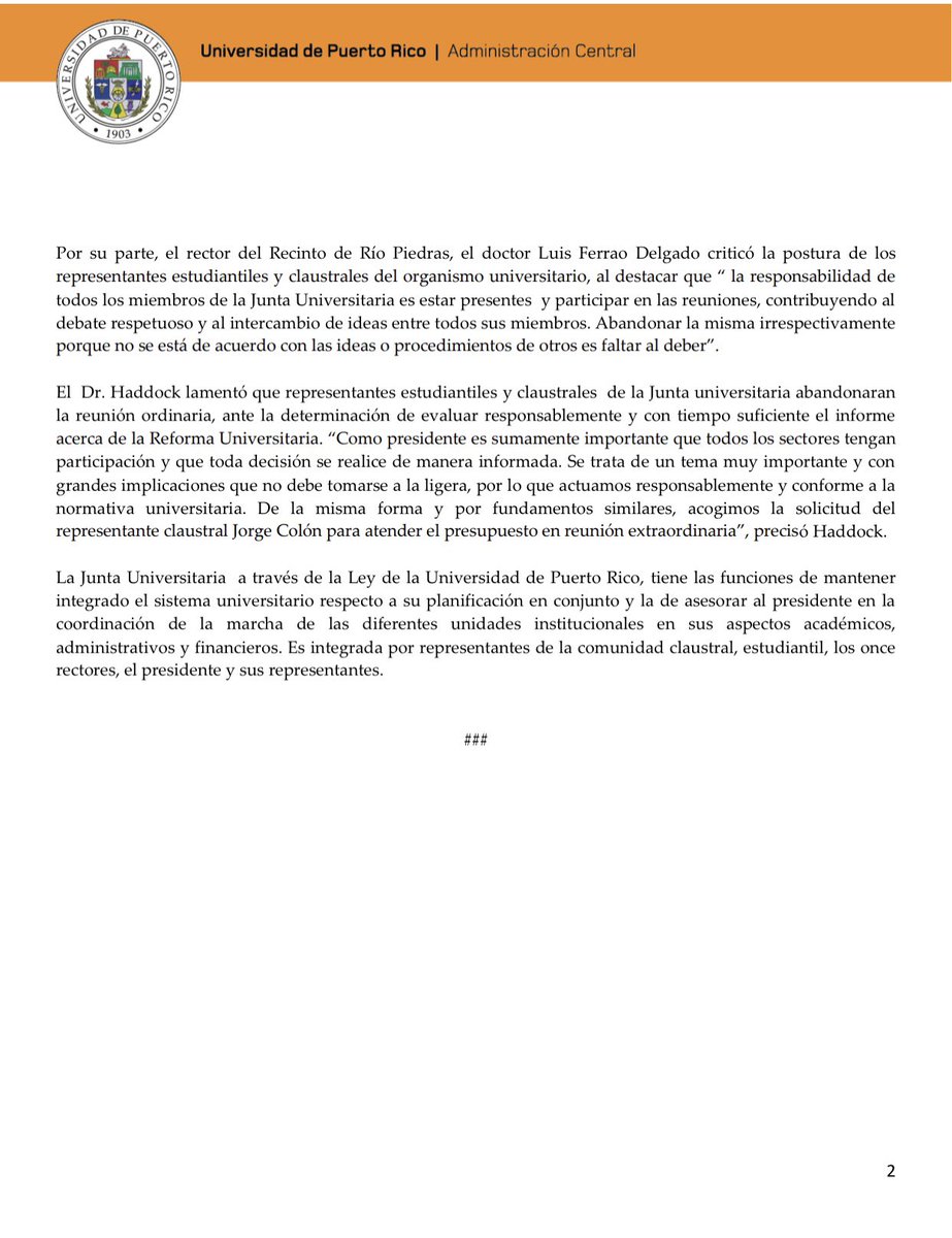 [Comunicado] | Junta Universitaria de la @UPR_Oficial evaluará impacto fiscal y académico de la reforma universitaria en reunión extraordinaria.