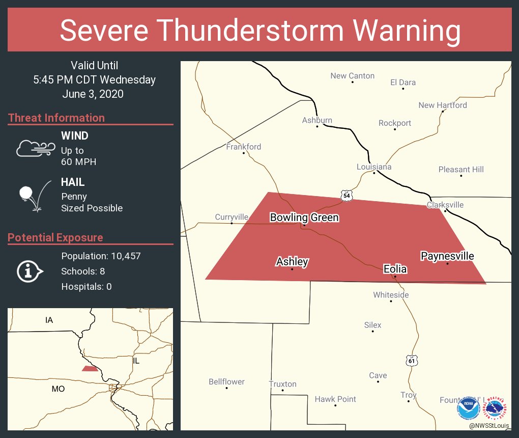 Severe Thunderstorm Warning continues for Bowling Green MO, Eolia MO, Ashley MO until 545 PM