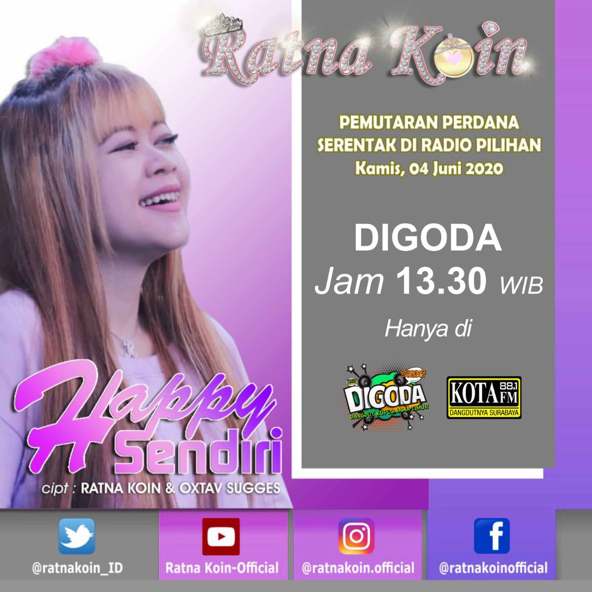 Dengarkan pemutaran perdana single <a href="/Ratnakoin_ID/">Ratna Koin</a> yang berjudul “Happy Sendiri” hanya di Kota FM Dangdutnya Surabaya!