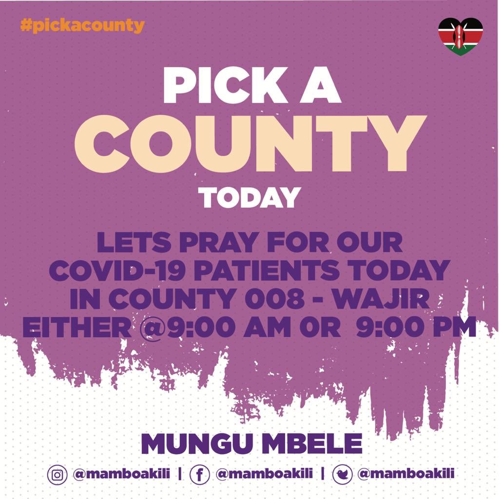 #pickacounty heads to #wajir today. 9AM/PM, say a prayer for the COVID-19 patients there. #KomeshaCorona #coronaviruske #COVID19KE #WeHealAsOne @muchina_melanie @TheDaisydean @Kingori_Muito @MOH_Kenya