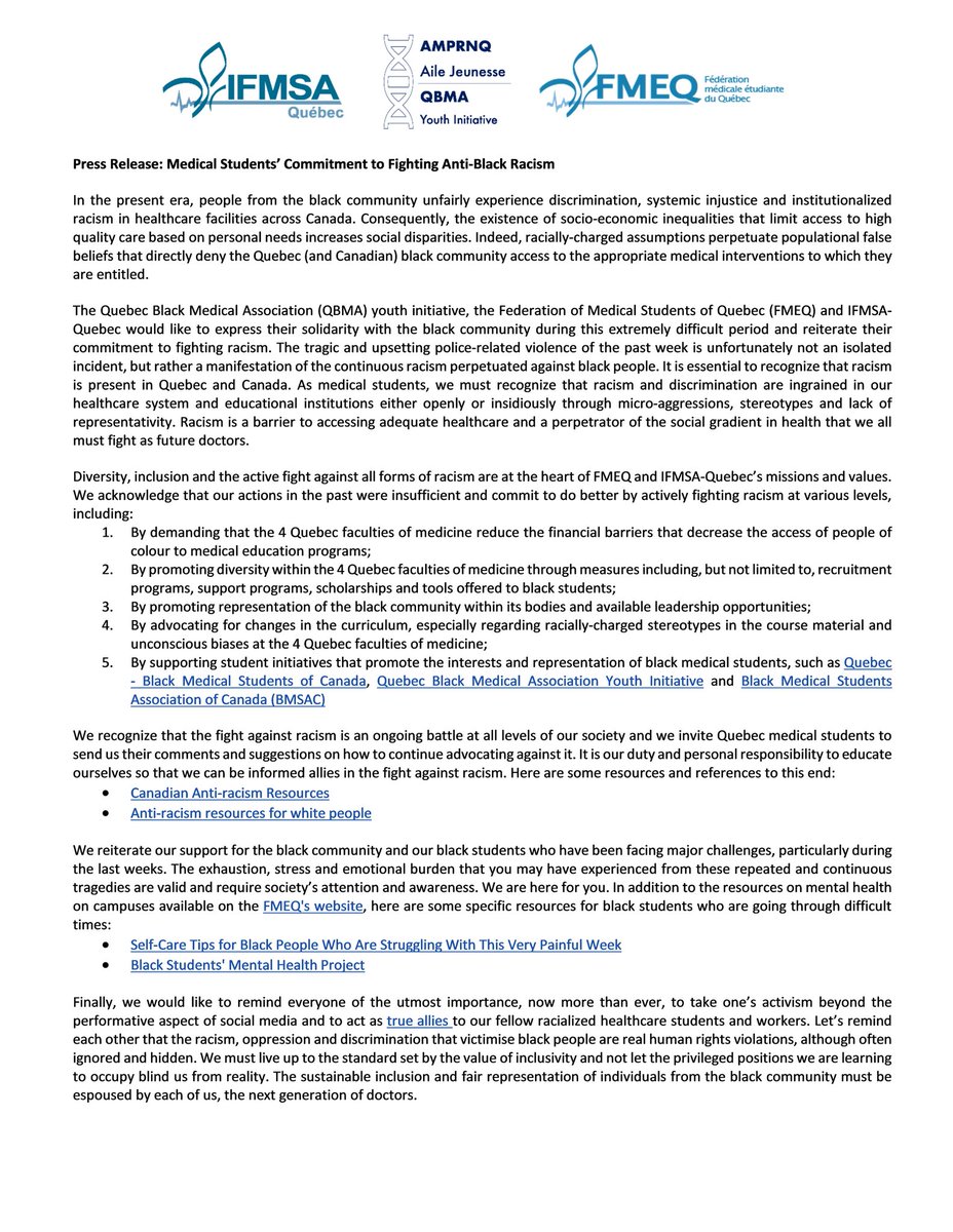 IFMSA-Québec unit sa voix à celle de la <a href="/bmsaquebec/">Quebec Black Medical Students’ Association</a> et de la <a href="/FMEQ/">FMEQ</a> pour réitérer son engagement dans la lutte contre le racisme, la discrimination et l'injustice. Nous vous invitons à prendre connaissance de notre communiqué officiel ci-joint: adobe.ly/3eNA5q0 

#BLM