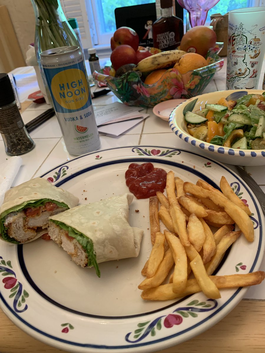 Tough day at work calls for a buffalo chicken wrap, fries, and a high noon at dinner