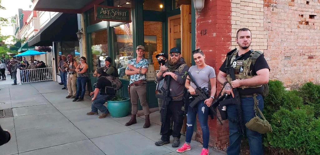 LisaAdhikari's tweet photo. From https://t.co/RR55ykHxi3 some militia group in Idaho decided to intimidate peaceful protestors en route.  Were they arrested?.... Of course not! https://t.co/UJ9TrtadDt