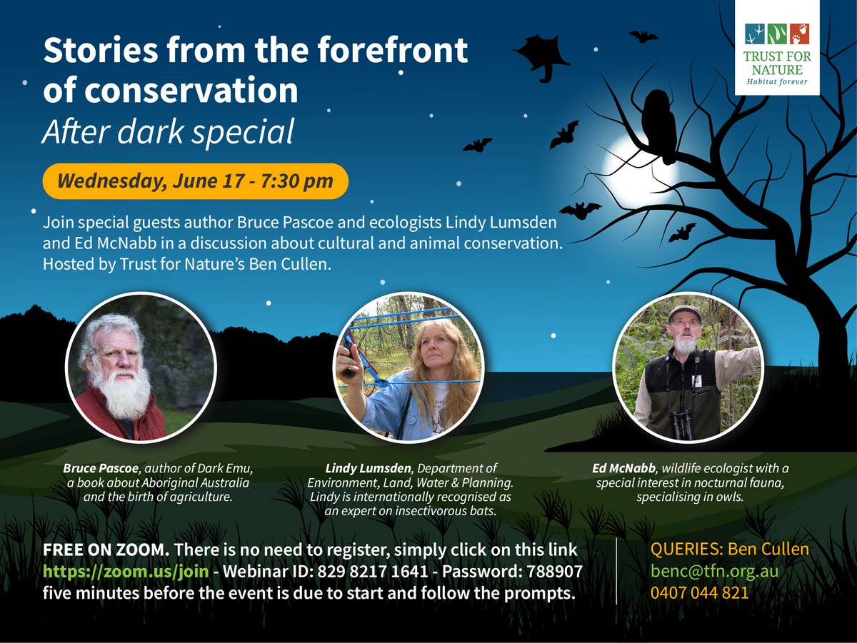 #DarkEmu author #BrucePascoe guest speaker at our next webinar, 17 June, 7.30pm. Joined by bat expert Lindy Lumsden and renowned ecologist Ed McNabb. Free, no need to register us02web.zoom.us/j/82982171641?… to join. #reconciliationweek