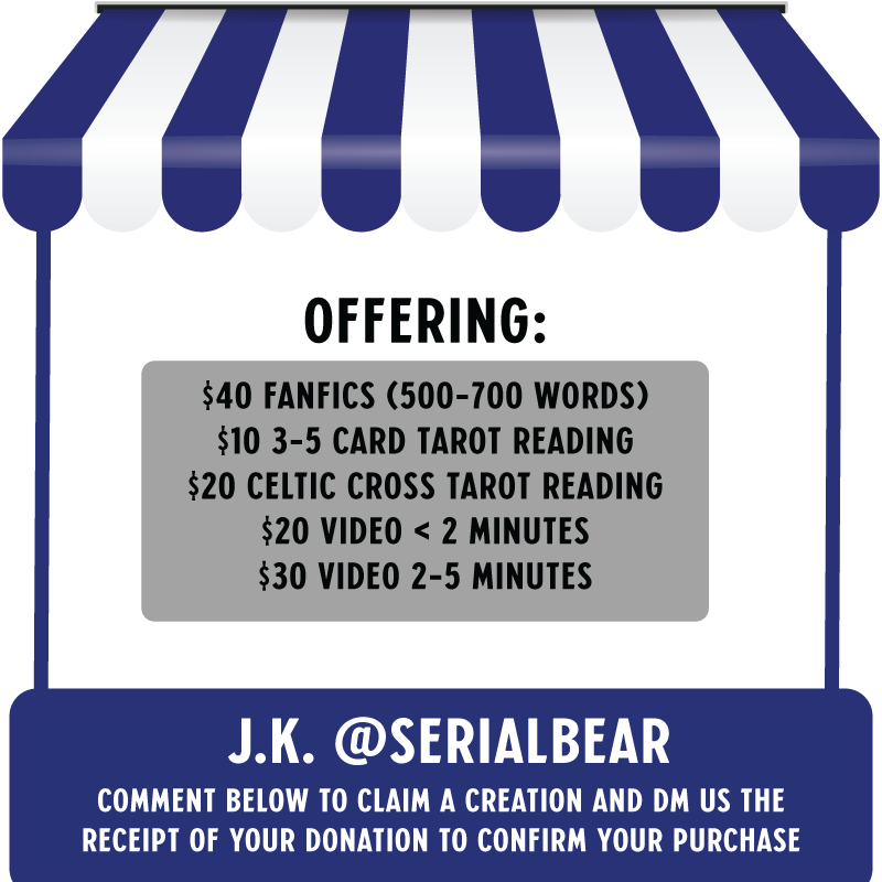 notaIonehere's tweet photo. ♡ CREATOR LISTING: @serialbear 

• offering 4 fanfics for $40 each
• ratings up to R; prompt of your choice
• also offering 10 tarot card readings! tiers listed below

examples of fiction:
https://t.co/0DWK2BCB8E

comment below to claim! https://t.co/XP4AyG2A4V