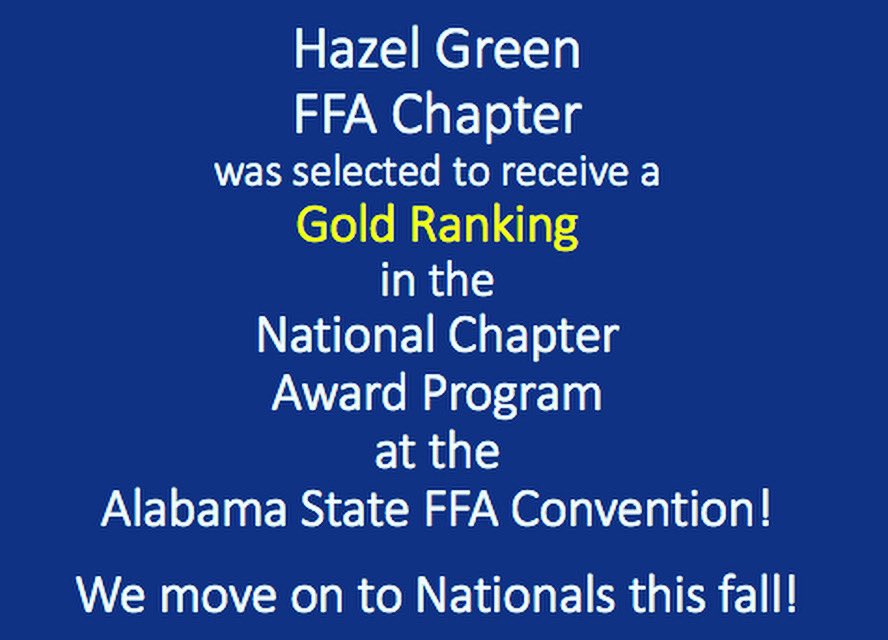 HazelGreenFFA's tweet photo. We are excited to make this announcement!! Thank you so much students, parents, community and advisory committee that help support us this year! We are now eligible to compete for National 3-star, 2-star or 1-star ranking.  Let’s keep moving forward! https://t.co/WghpgGrux9