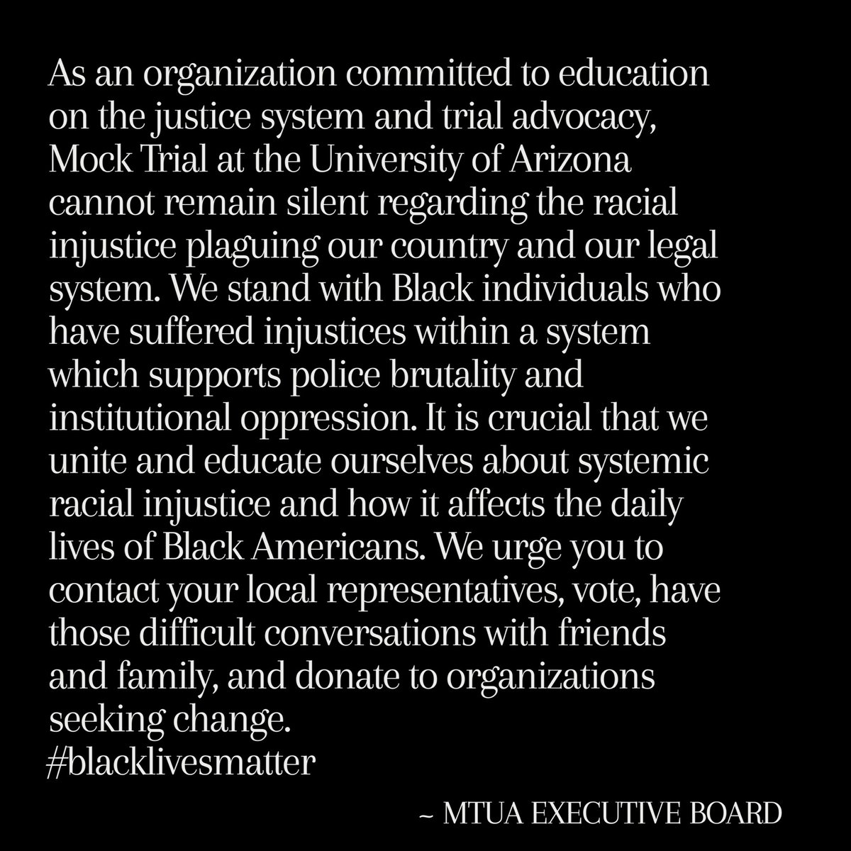 A statement from the MTUA Executive Board. Visit the link in our bio for resources. #blacklivesmatter