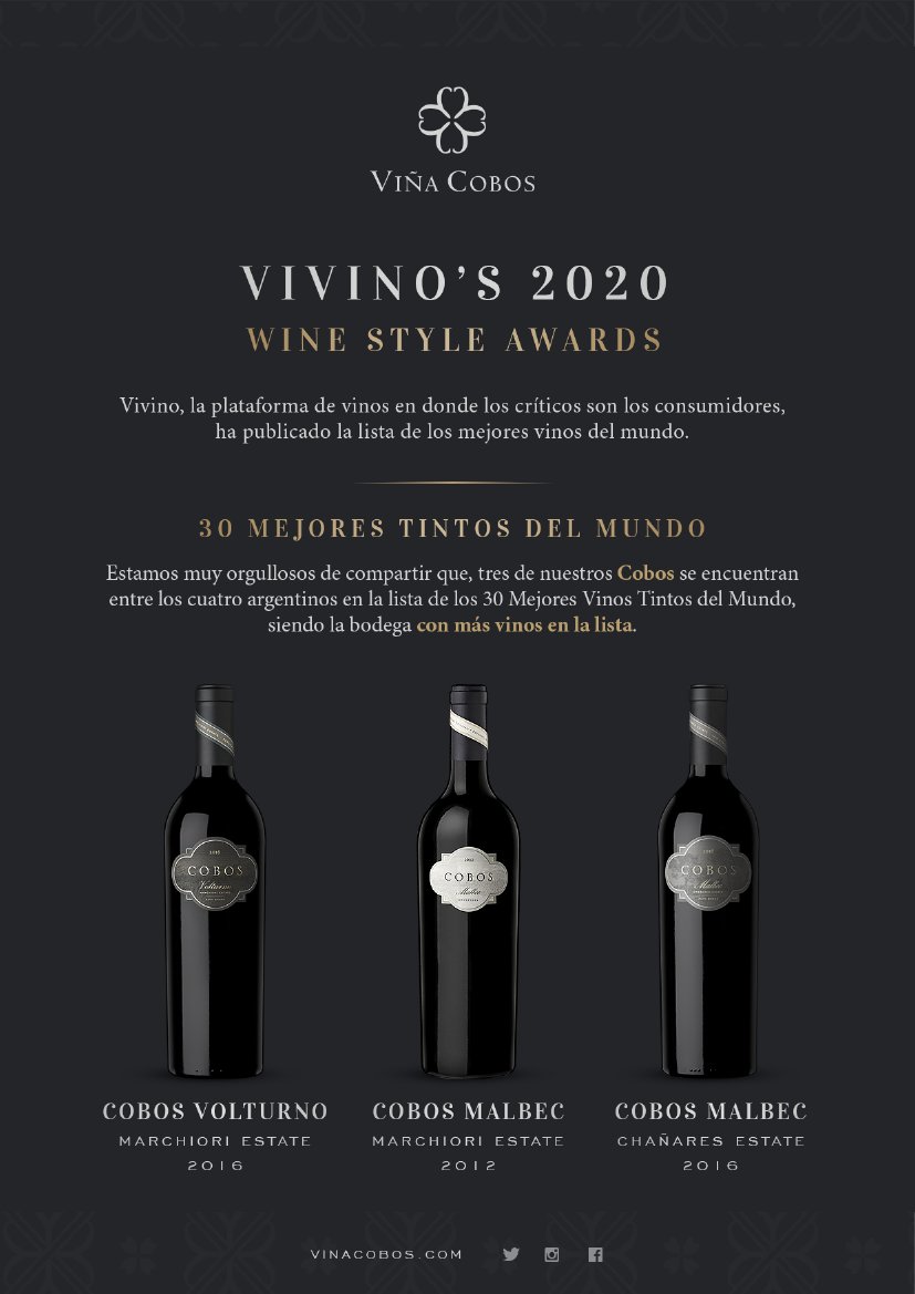Felicitamos a Viña Cobos por los puntajes obtenidos en los Wine Style Awards 2020 de Vivino!