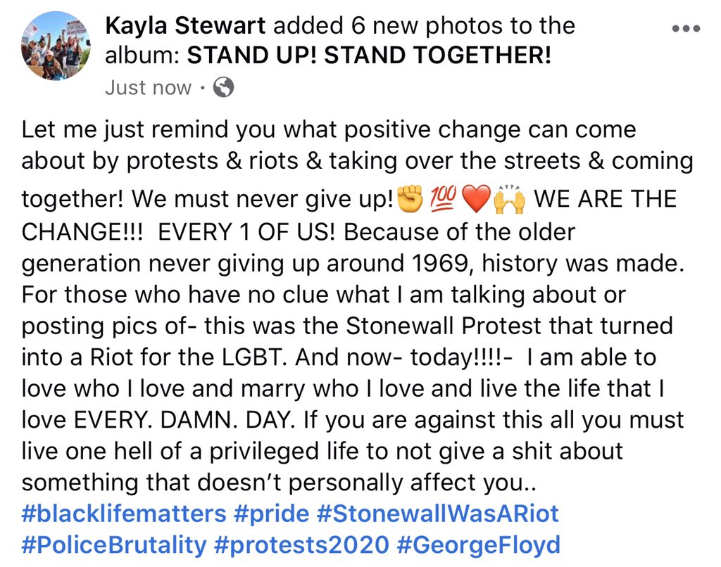 ImKaylaStewart's tweet photo. TO ALL PROTESTORS:

DO YOU GET IT NOW????!??! YOU!! YES, YOU!!! YOU ARE THE CHANGE!!! WEEEE ARE THE CHANGE! And I fucking love you!!! ❤️✊💯🙌 #GeorgeFloyd #blacklifematters #StonewallWasARiot #PRIDE2020 https://t.co/9Hym2IDsl2