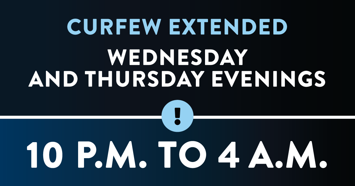 IMPORTANT: <a href="/GovTimWalz/">Governor Tim Walz</a> has extended the nighttime curfew in Minneapolis and St. Paul. The temporary curfew will be in place from 10 p.m. to 4 a.m. Wednesday and Thursday nights. #MACCMN