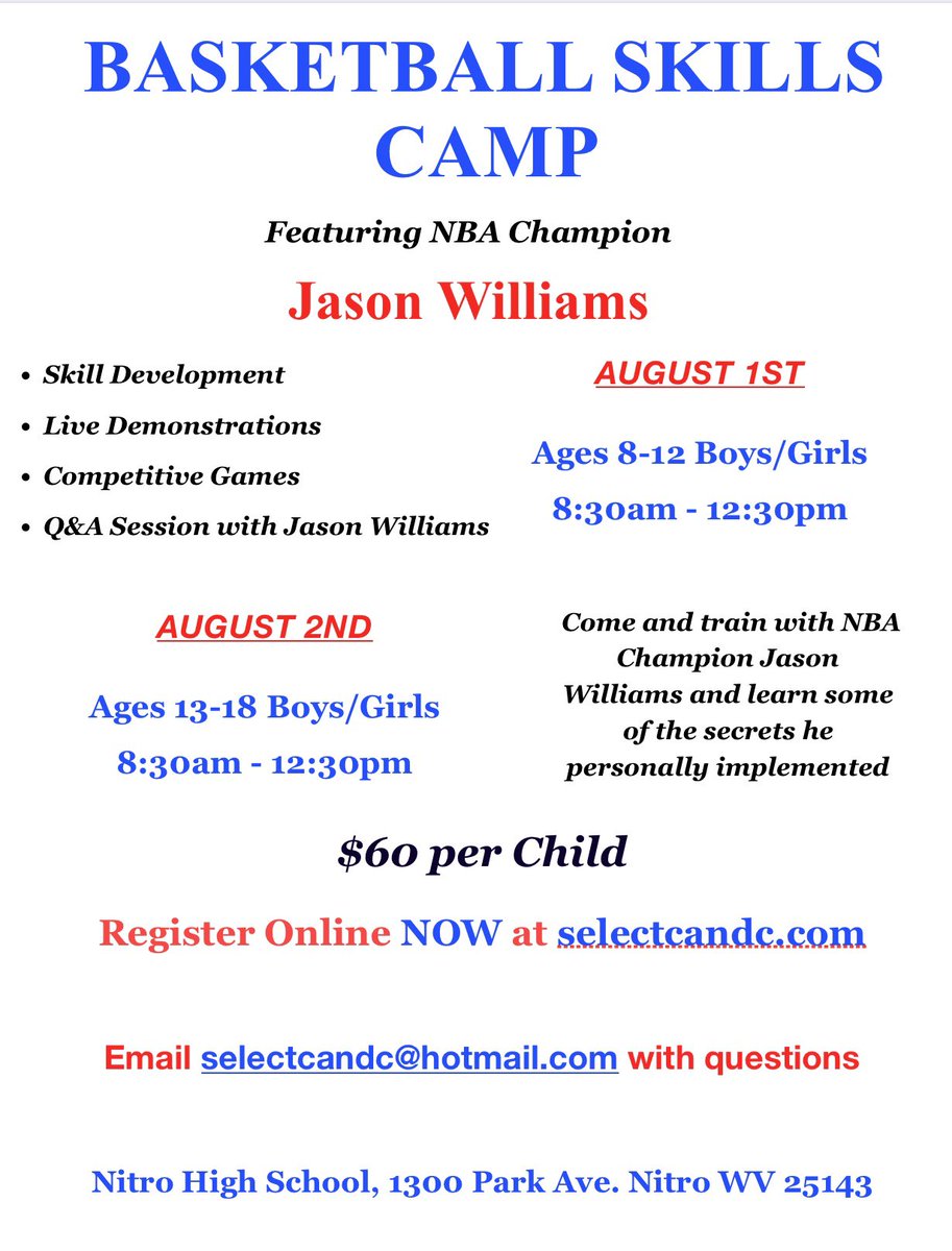 Still spots left for our new date. August 1st &amp; 2nd. 2nd annual basketball skills camp with local NBA Legend <a href="/55buckets/">.</a>   Visit selectcandc.com to register. Selectcandc@hotmail.com w/ questions <a href="/WinkNik/">Nik Wink</a>