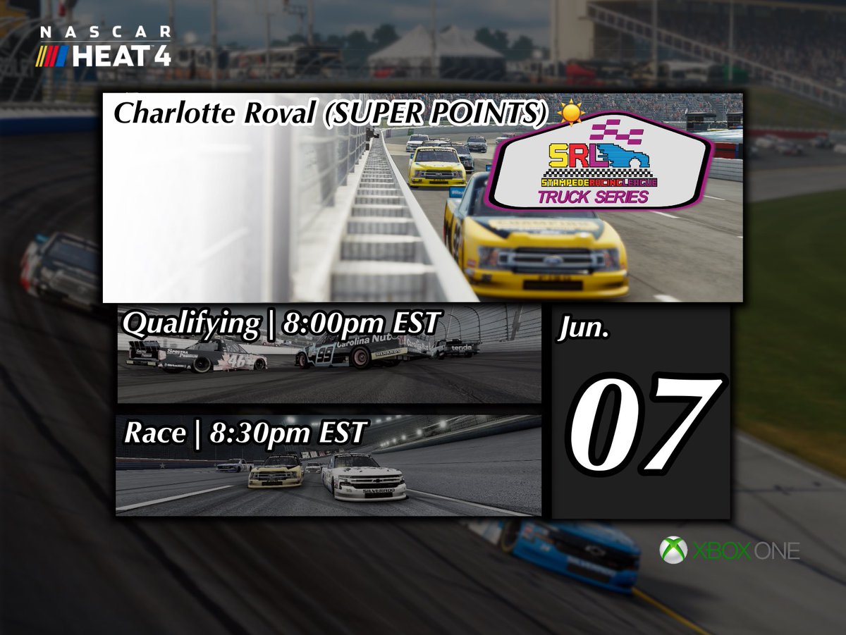 SRLeague's tweet photo. Take a look at what's coming this #SRLeagueWEEKEND!
#SRTS | Charlotte Roval | Jun 7
Qualifying | 8:00pm
Race | 8:30pm
(All Times EST)
#SRExp
#SRLeague
#NASCARHeat4 https://t.co/ATOJQIUBYU