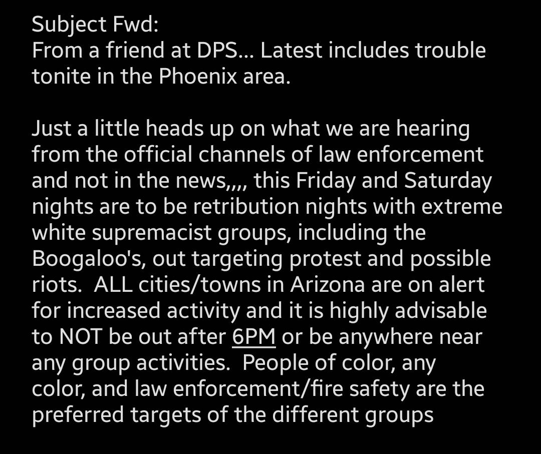 Datlarryuluvin1's tweet photo. Not sure how true it is , but anyways stay safe ,stay protected ppls and there is lot of racist out here... #BlackLifesMatters #PHX #phoenixprotests #DOWNTOWNPHOENIX #AZ #Arizona #arizonaprotest https://t.co/GjJXpndYKB