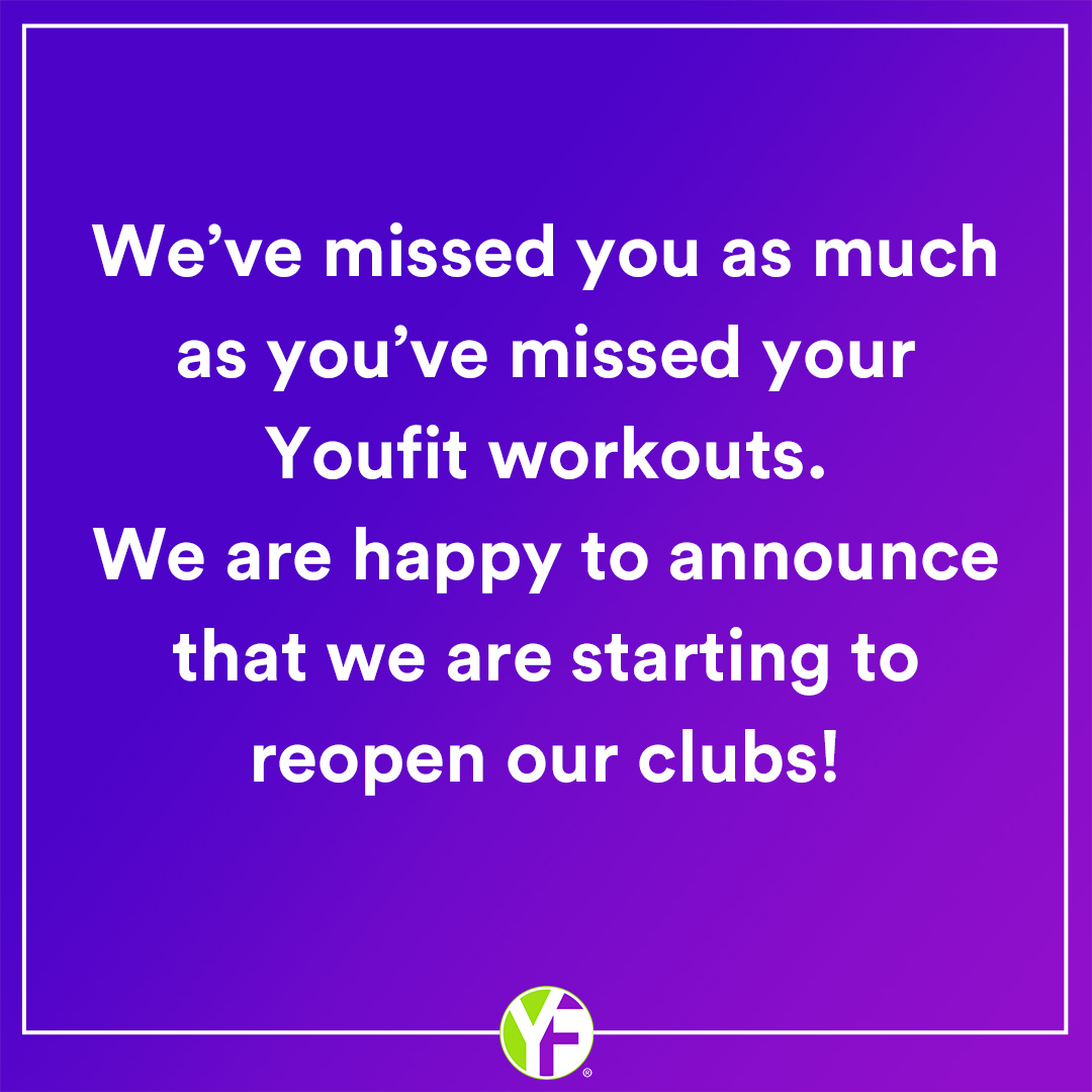youfitgyms's tweet image. We've missed you as much as you've missed your Youfit workouts. We are happy to announce that we are starting to reopen our clubs! 
Check our website for more information about our reopenings. youfit.com/blog/youfit-re…