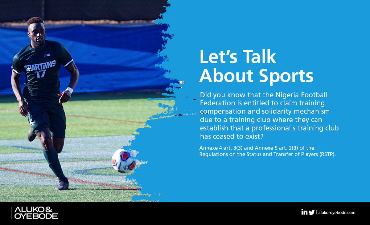 Aluko_Oyebode's tweet photo. #LetsTalkAboutSports 💬⚽️
#DidYouKnow that the #Nigeria #Football Federation (#NFF) is entitled to claim #trainingcompensation and solidarity mechanism due to a #trainingclub where they can establish that a professional's #training club has ceased to exist?
#SportsLaw @TheNFF https://t.co/sb7FWgkrdG