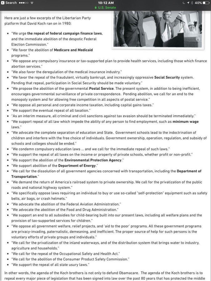 Now let’s define a second set of people & interests as the KochMobCo.This group includes very old money interests in the US.A few decades ago, David Koch ran as a libertarian. That went so badly, they set out to use their wealth to “manage” democracy.This look familiar?/6