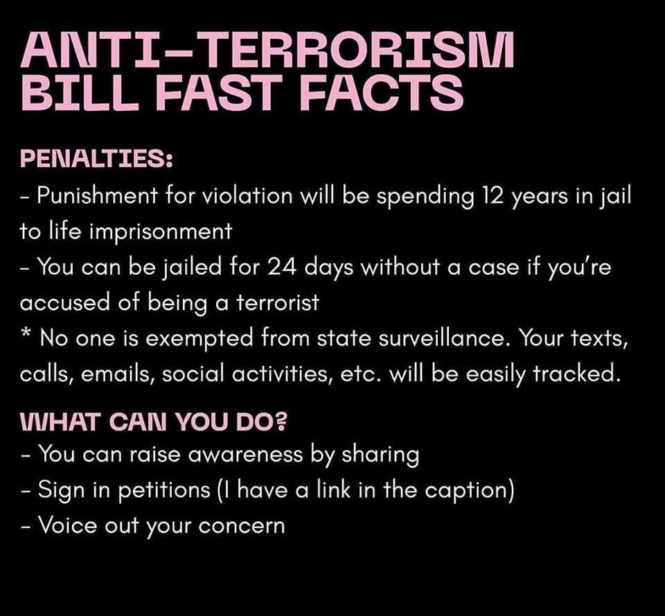 All my Filipino fans, please read and be aware about what is happening rn!
There are more resources at:
junkterrorbill.carrd.co

#AntiTerrorismBill