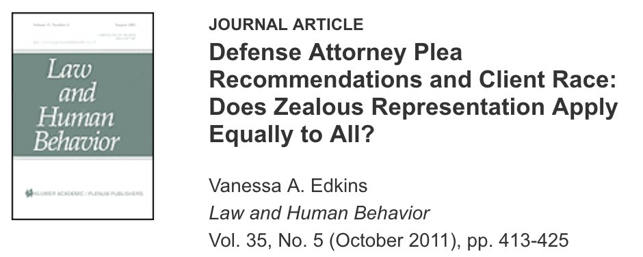 40/ "Pleas attorneys felt they could obtain with a minority client contained higher sentences than those they felt they could obtain with a Caucasian client and were significantly more likely to include some jail time. Reasons ... were not due to increased perceptions of guilt."